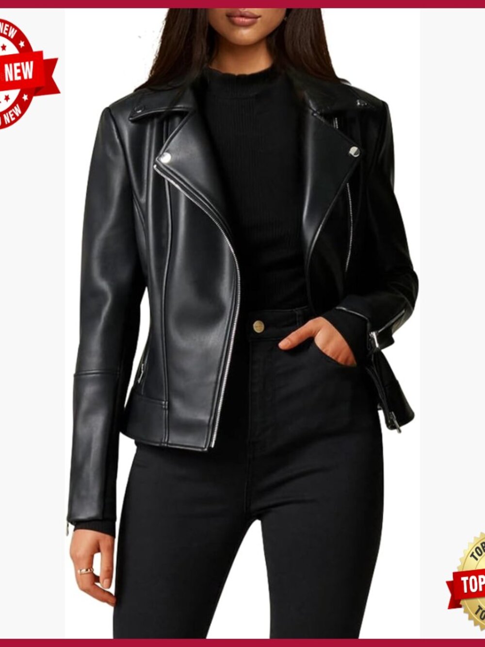 Women's Faux Leather Motorcycle Jacket Asymmetrical Zipper Stretchy Sleeves
